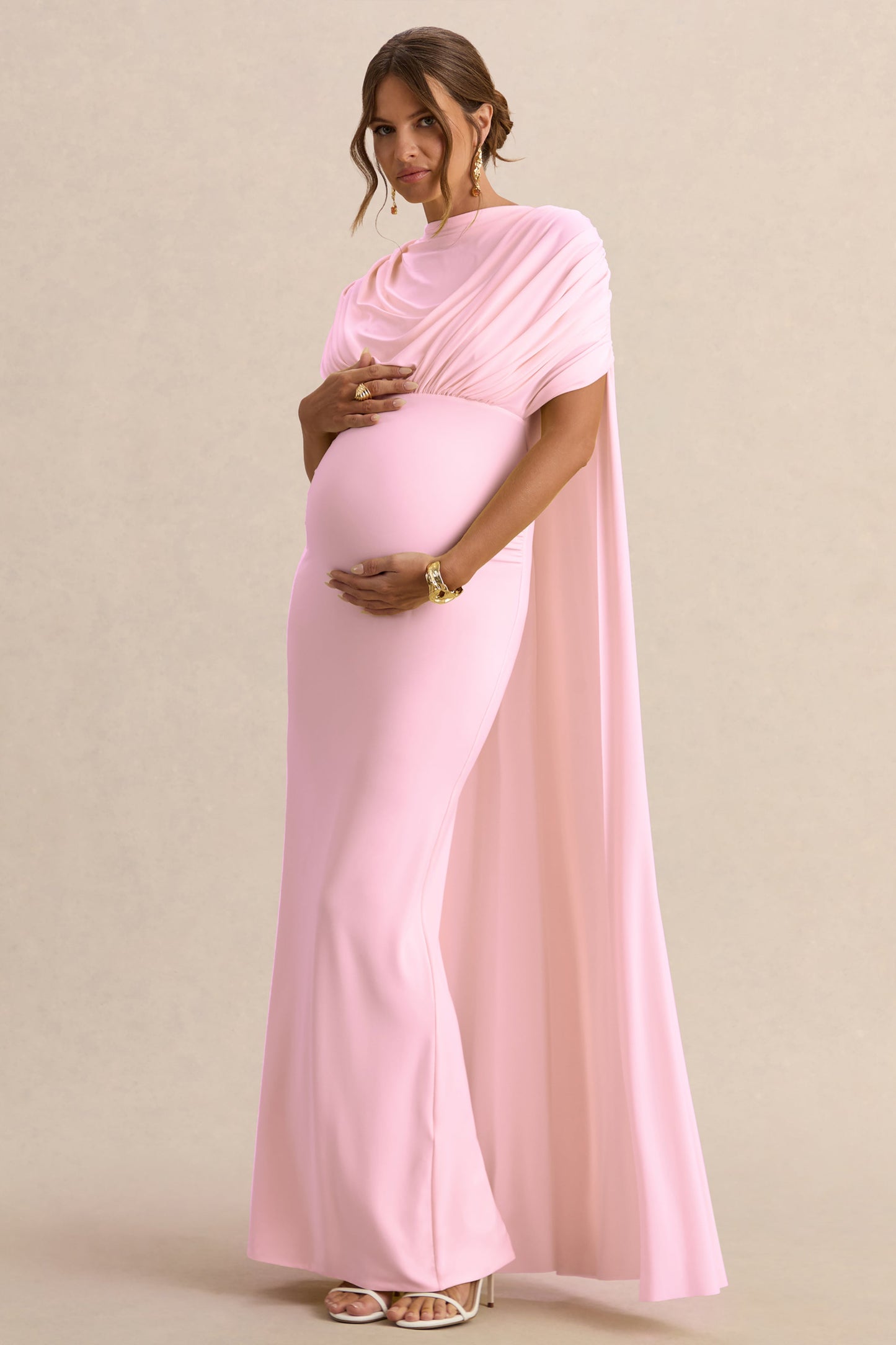 Araminta | Light Pink Bardot-Neck Maternity Maxi Dress With Cape Sleeves