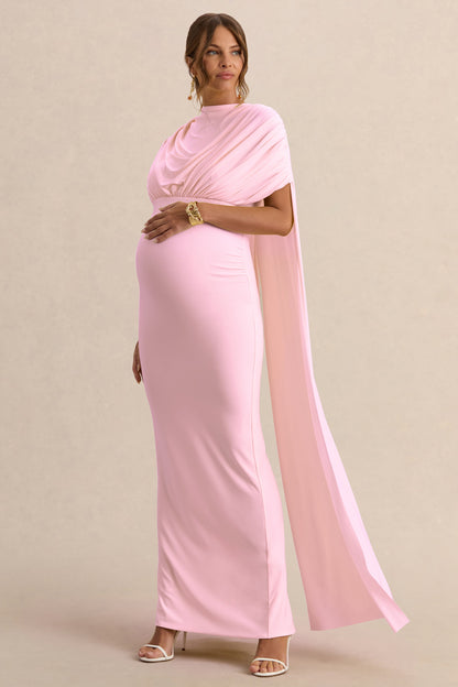 Araminta | Light Pink Bardot-Neck Maternity Maxi Dress With Cape Sleeves