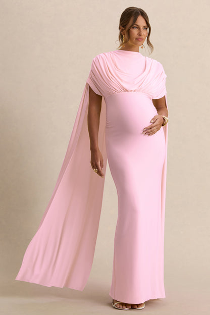 Araminta | Light Pink Bardot-Neck Maternity Maxi Dress With Cape Sleeves