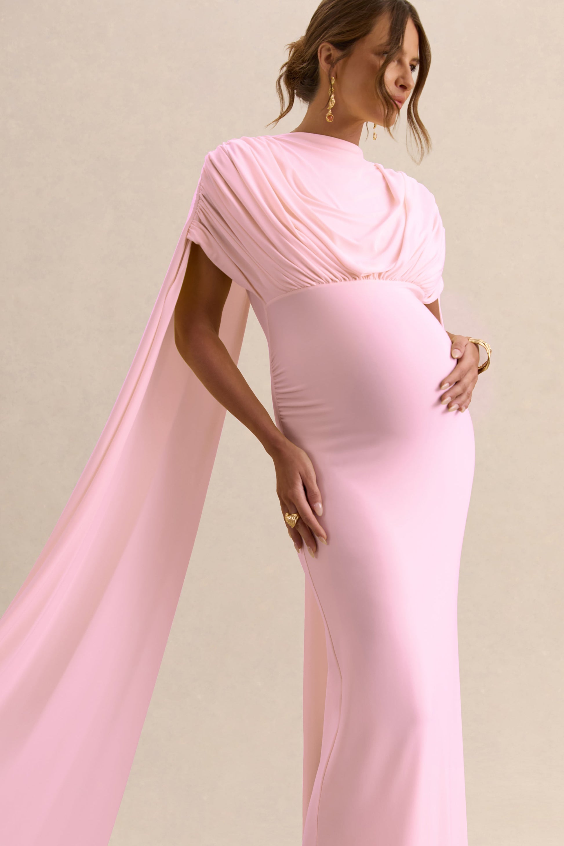 Araminta | Light Pink Bardot-Neck Maternity Maxi Dress With Cape Sleeves