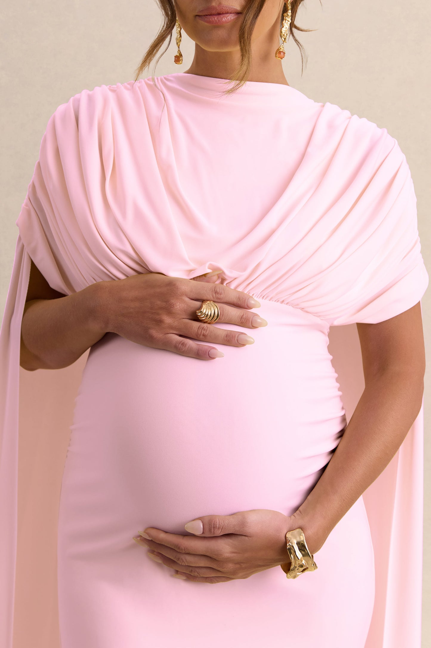 Araminta | Light Pink Bardot-Neck Maternity Maxi Dress With Cape Sleeves