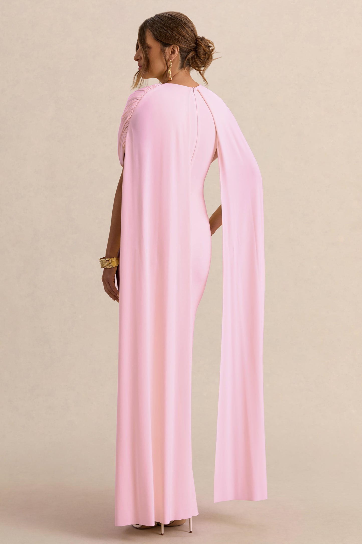 Araminta | Light Pink Bardot-Neck Maternity Maxi Dress With Cape Sleeves