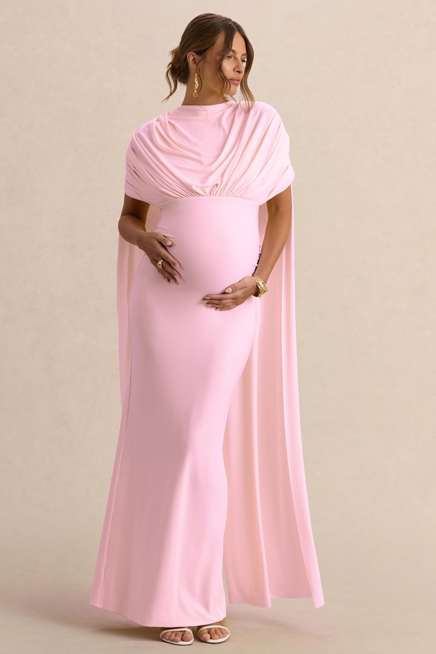 Araminta | Light Pink Bardot-Neck Maternity Maxi Dress With Cape Sleeves