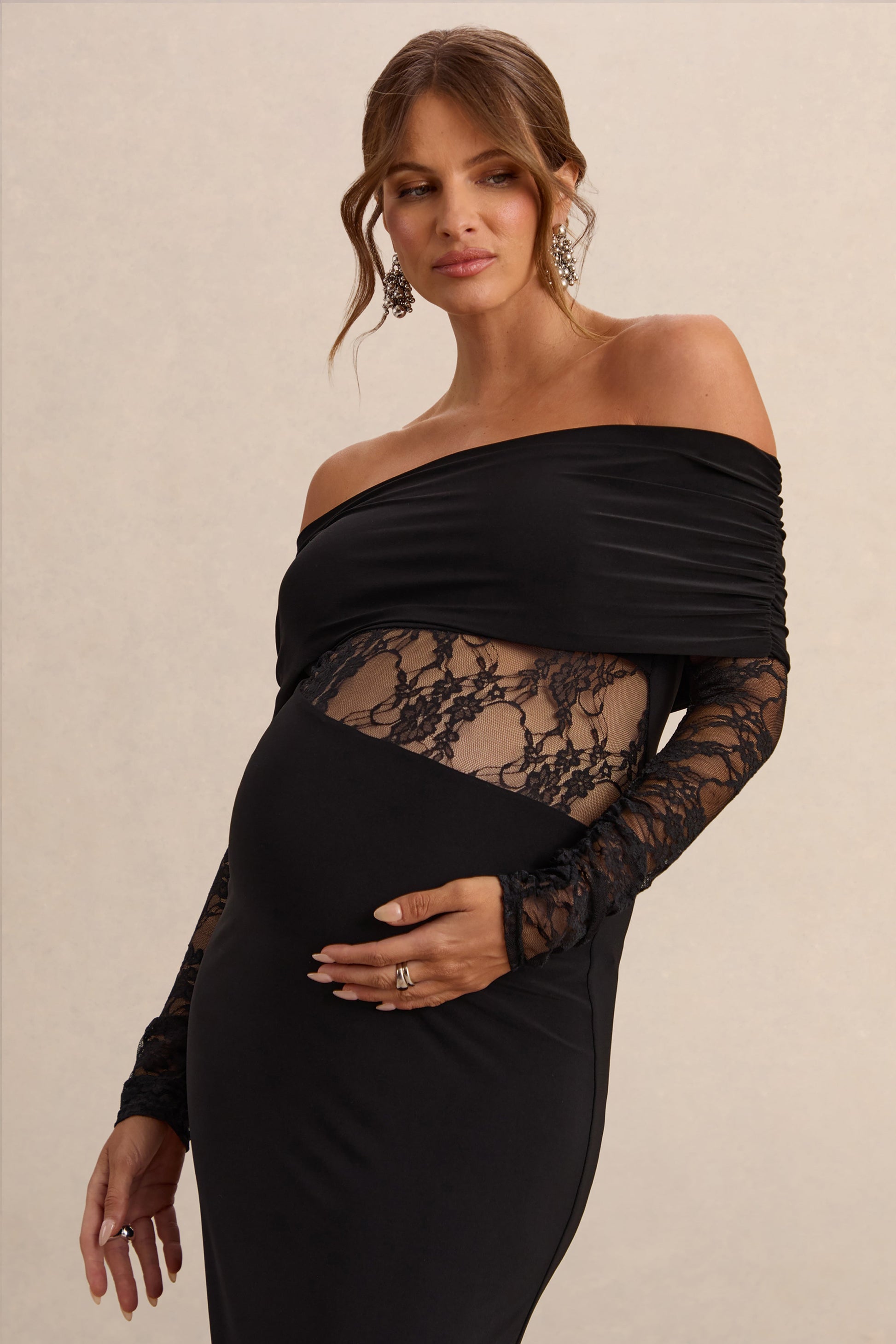 Artemisia | Black Bardot-Neck Maternity Maxi Dress With Lace Detailing