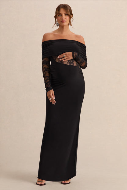 Artemisia | Black Bardot-Neck Maternity Maxi Dress With Lace Detailing