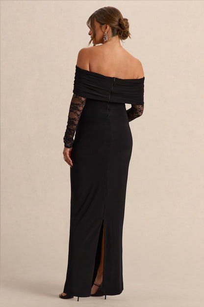 Artemisia | Black Bardot-Neck Maternity Maxi Dress With Lace Detailing