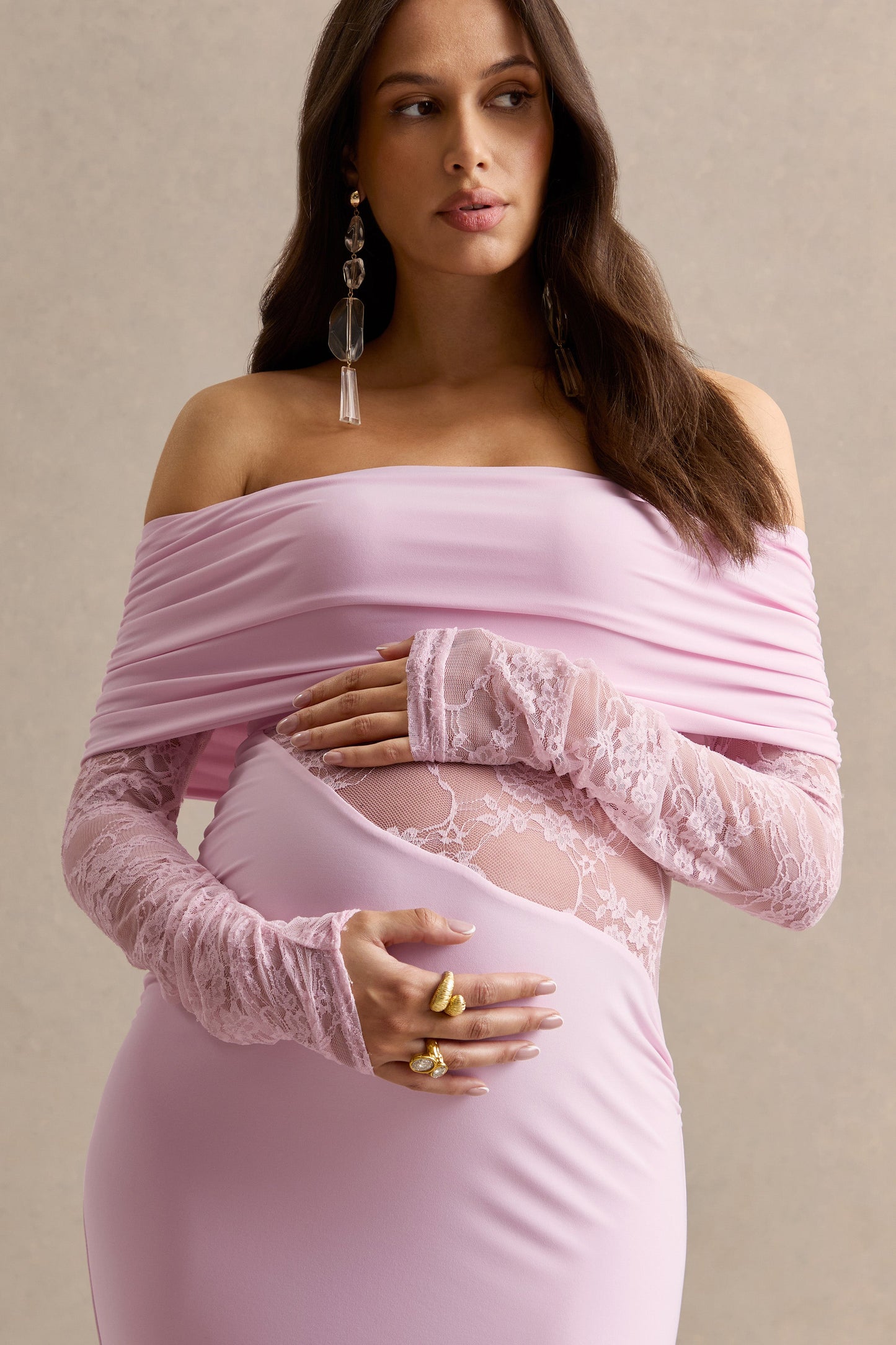 Artemisia | Light Pink Bardot-Neck Maternity Maxi Dress With Lace Detailing