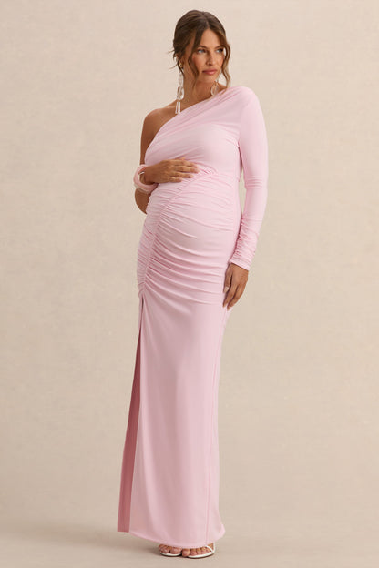 Cassiana | Light Pink Asymmetric-Neck Maternity Maxi Dress With Front-High Split