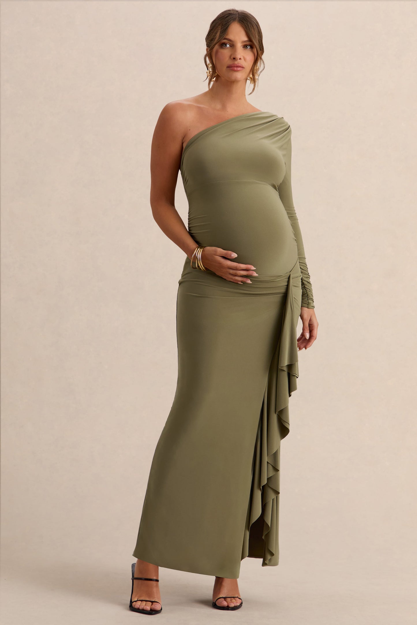 Drusilla | Olive Asymmetric-Neck Maternity Maxi Dress With Gathered Detailing