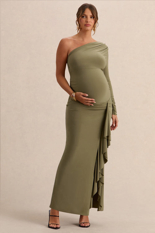 Drusilla | Olive Asymmetric-Neck Maternity Maxi Dress With Gathered Detailing