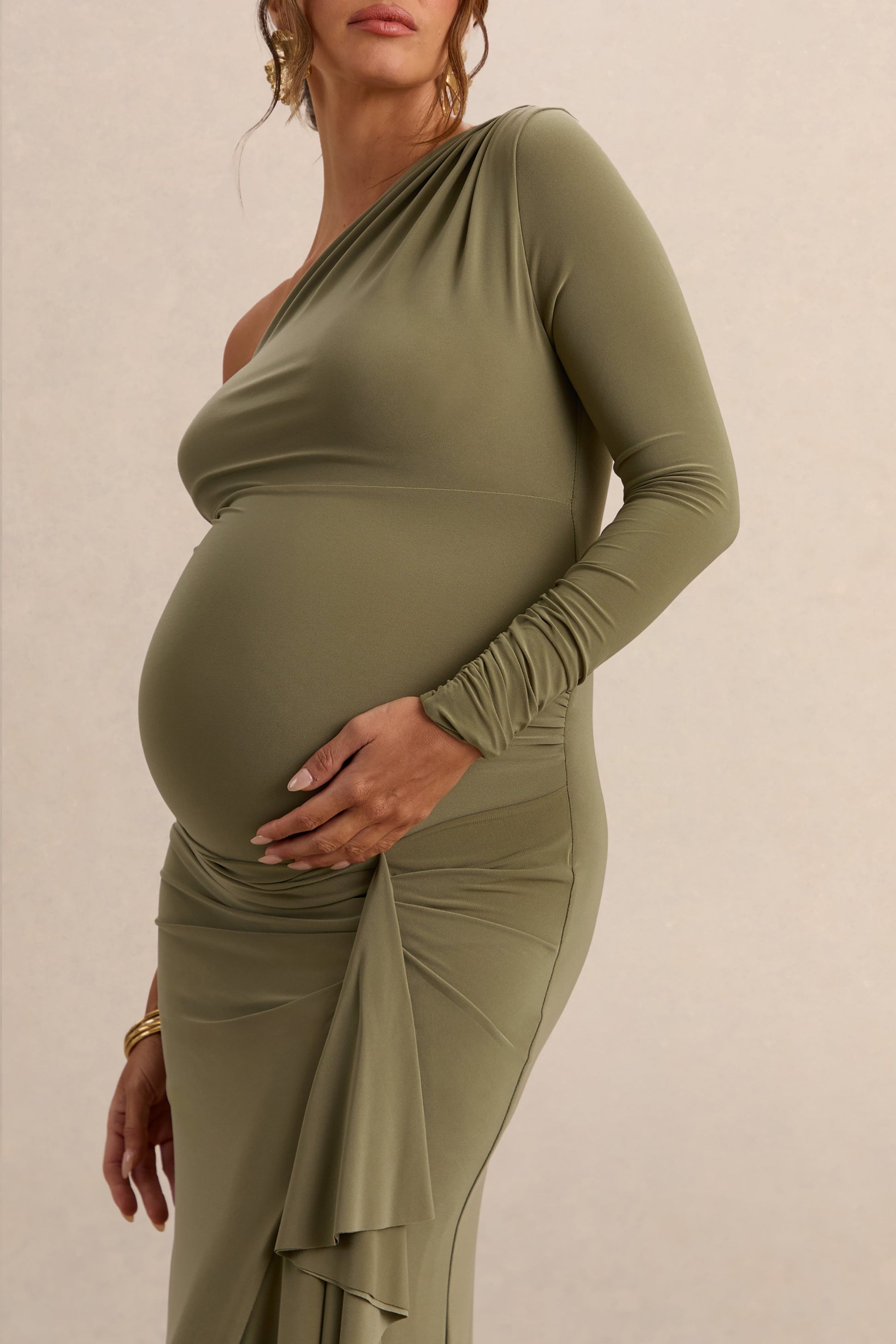 Drusilla | Olive Asymmetric-Neck Maternity Maxi Dress With Gathered Detailing