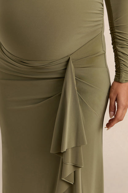 Drusilla | Olive Asymmetric-Neck Maternity Maxi Dress With Gathered Detailing