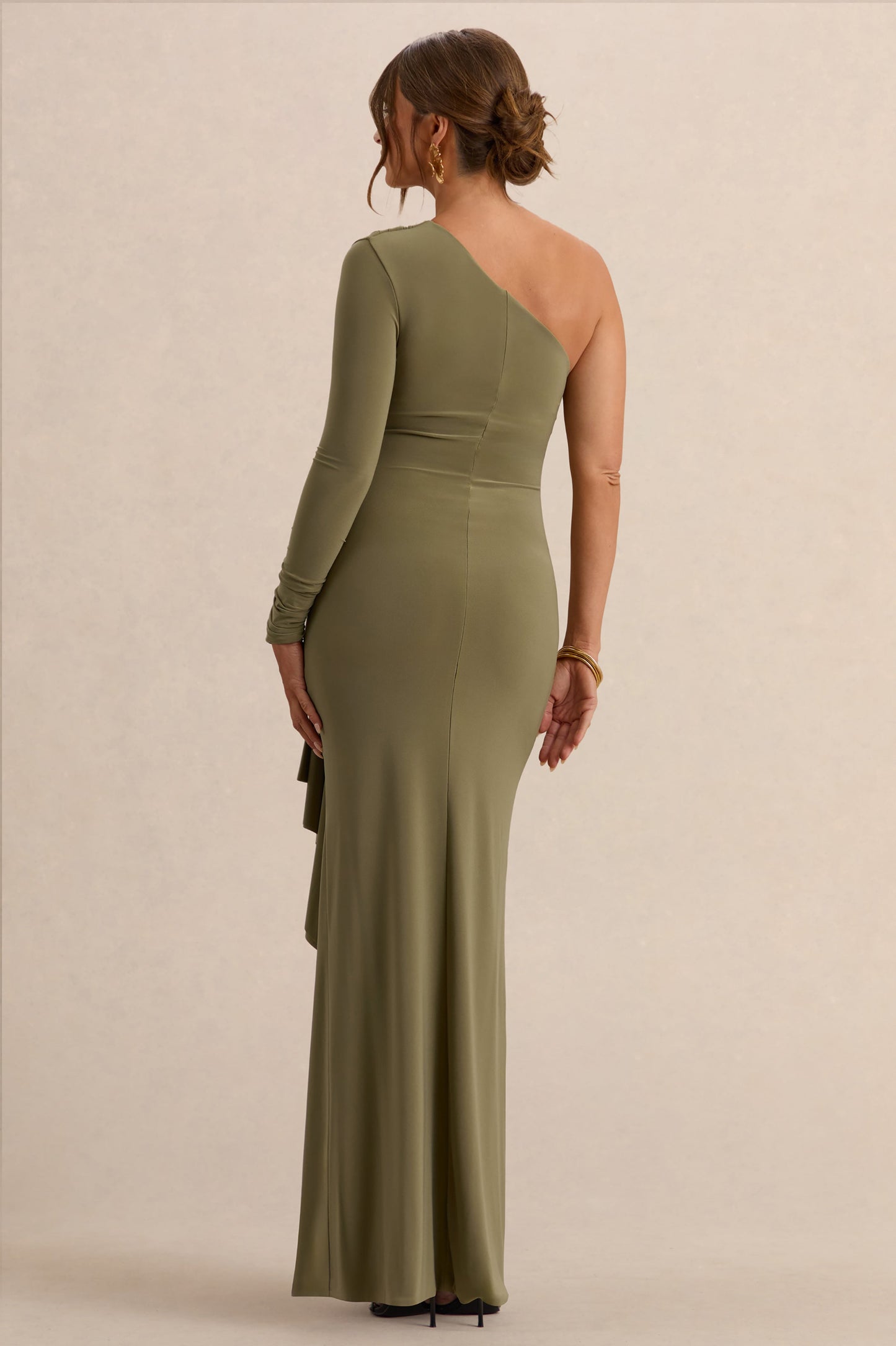 Drusilla | Olive Asymmetric-Neck Maternity Maxi Dress With Gathered Detailing