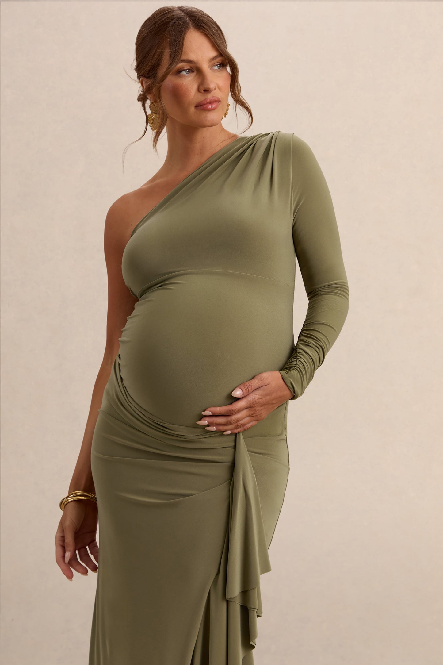 Drusilla | Olive Asymmetric-Neck Maternity Maxi Dress With Gathered Detailing