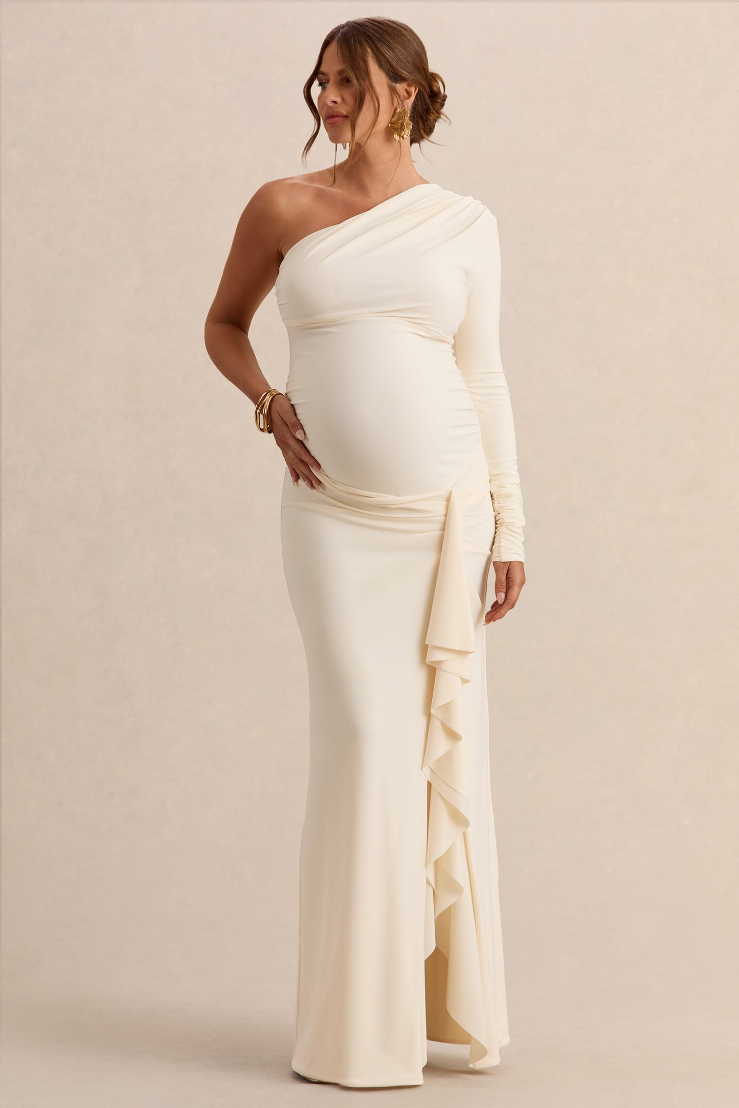 Drusilla | Cream Asymmetric-Neck Maternity Maxi Dress With Gathered Detailing