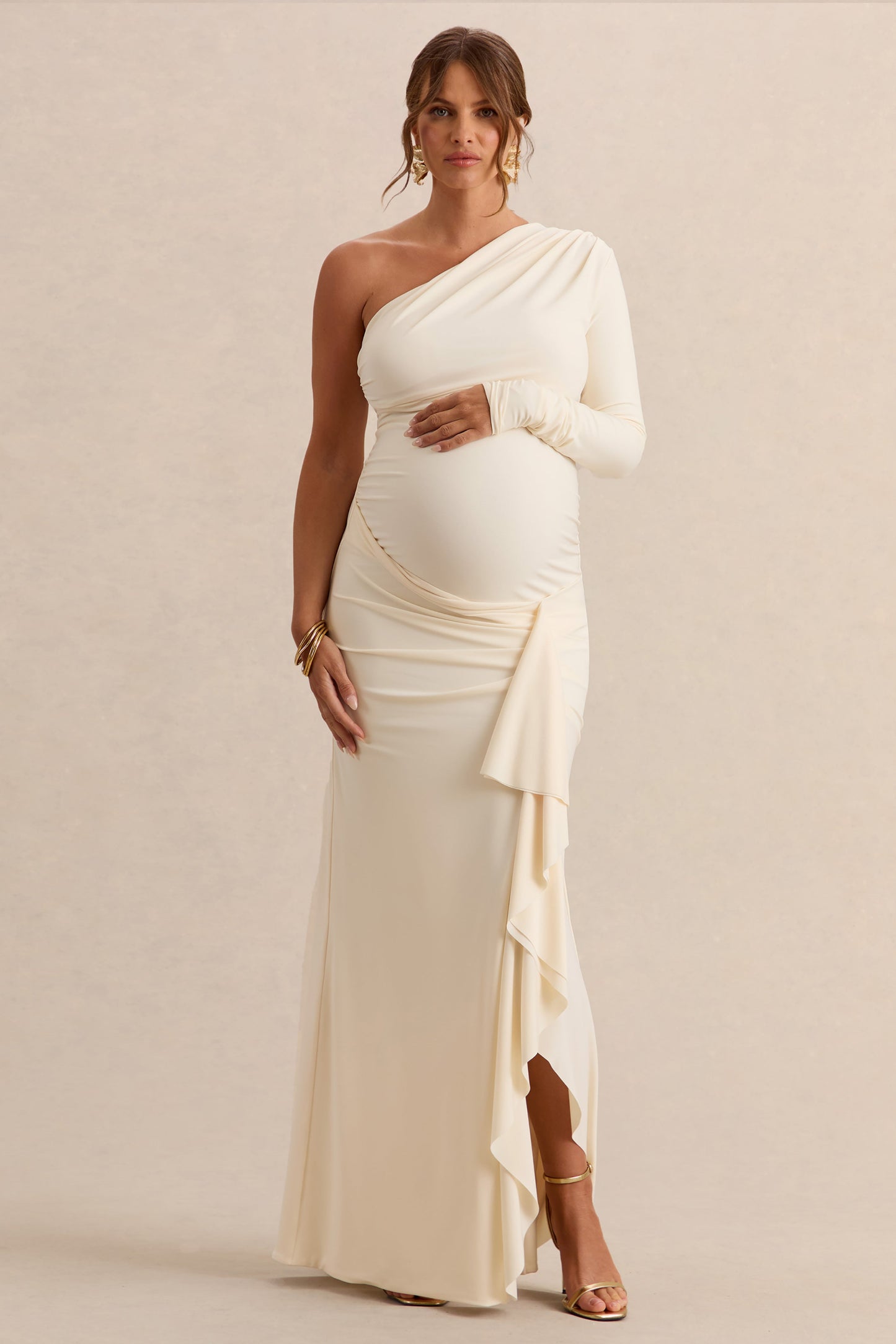 Drusilla | Cream Asymmetric-Neck Maternity Maxi Dress With Gathered Detailing