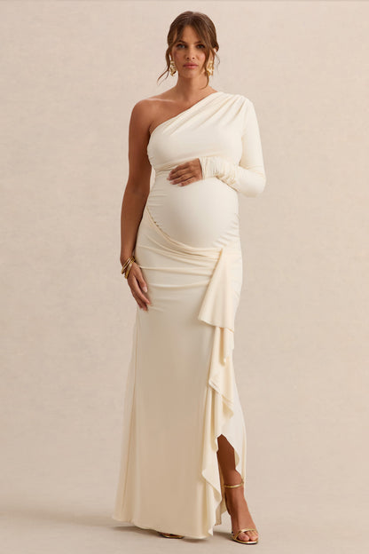 Drusilla | Cream Asymmetric-Neck Maternity Maxi Dress With Gathered Detailing