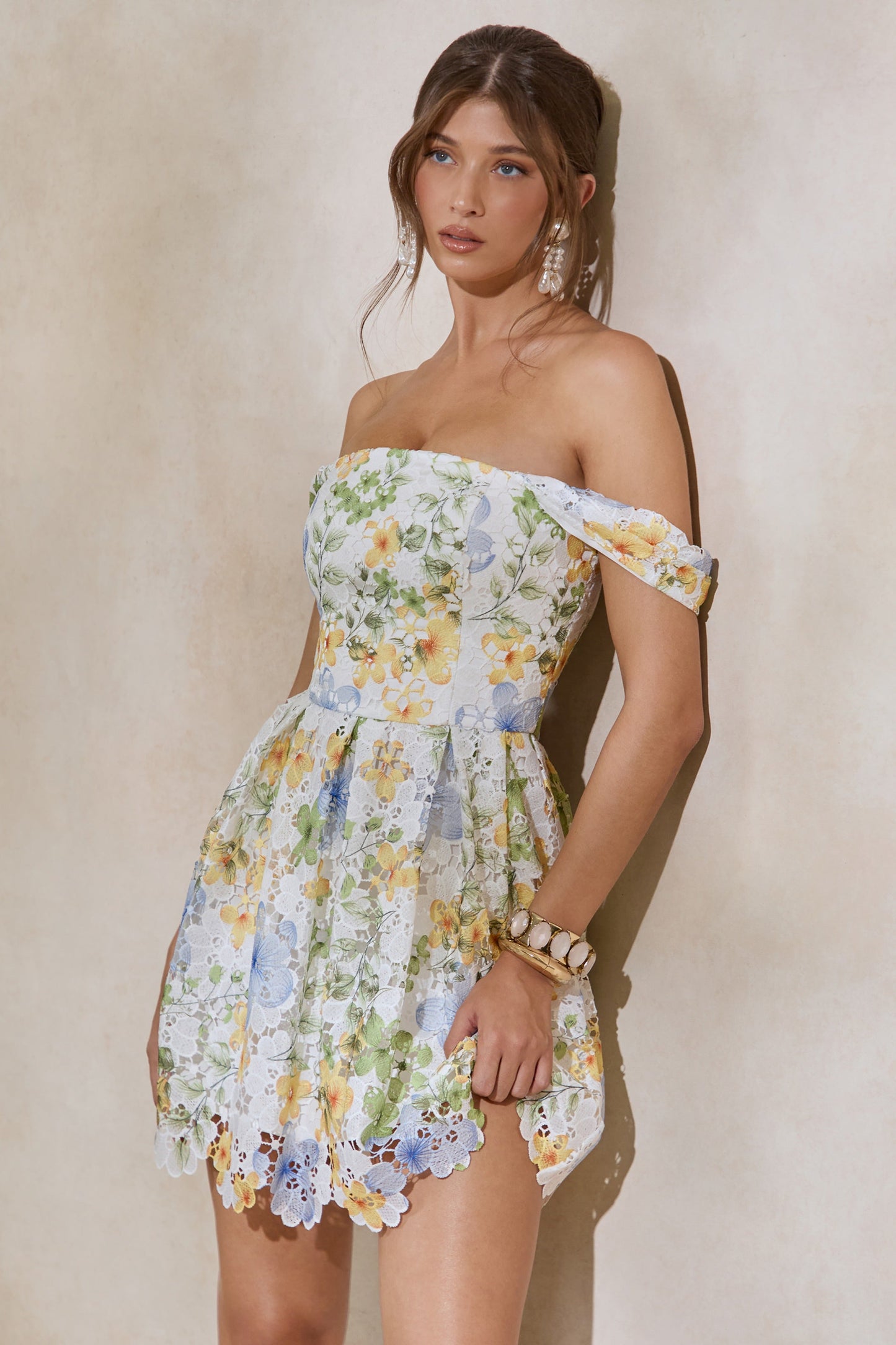 Letizia | White Floral Print Lace Bardot-Neck Skater Mini Dress