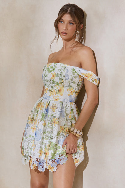 Letizia | White Floral Print Lace Bardot-Neck Skater Mini Dress