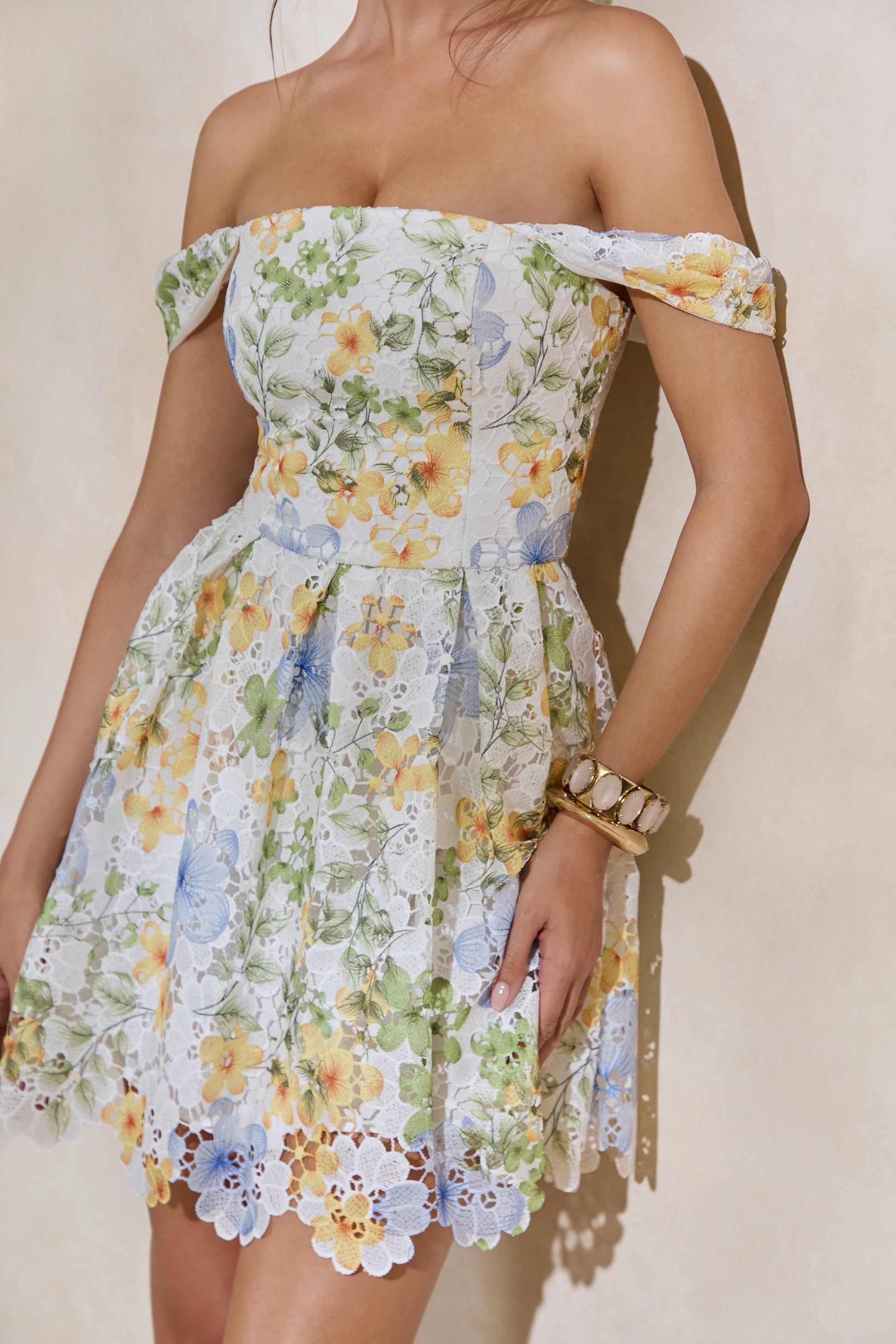 Letizia | White Floral Print Lace Bardot-Neck Skater Mini Dress