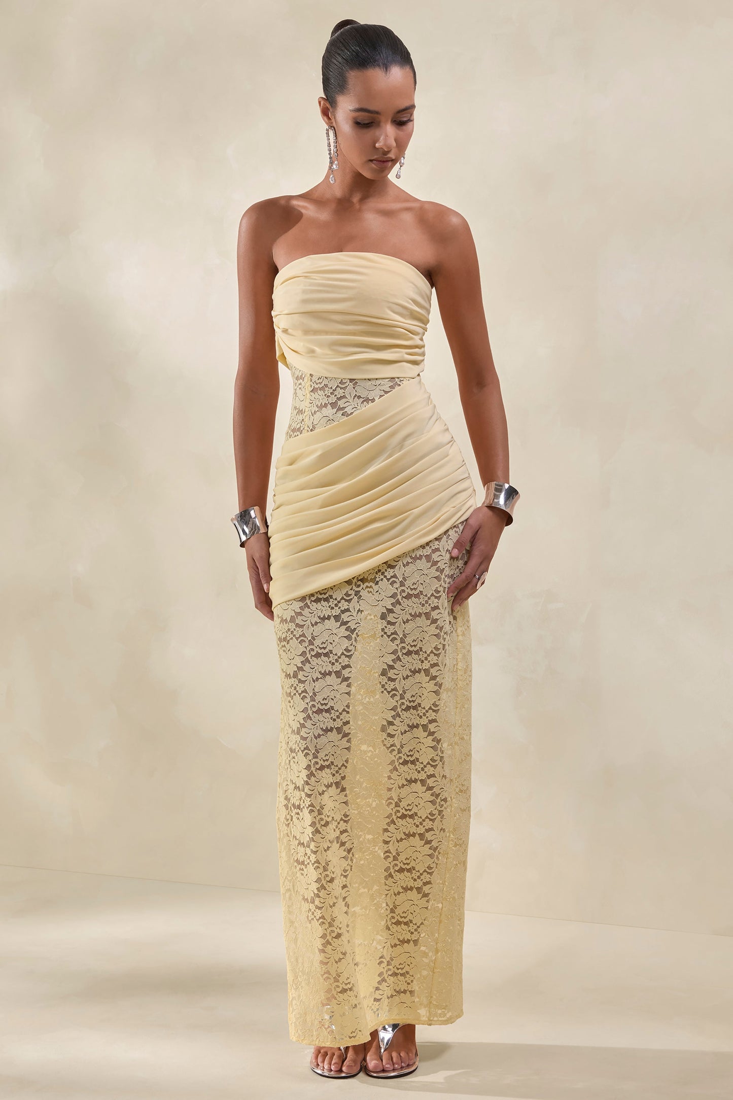Lalita | Lemon Lace And Satin Bandeau Maxi Dress With Wrap-Details