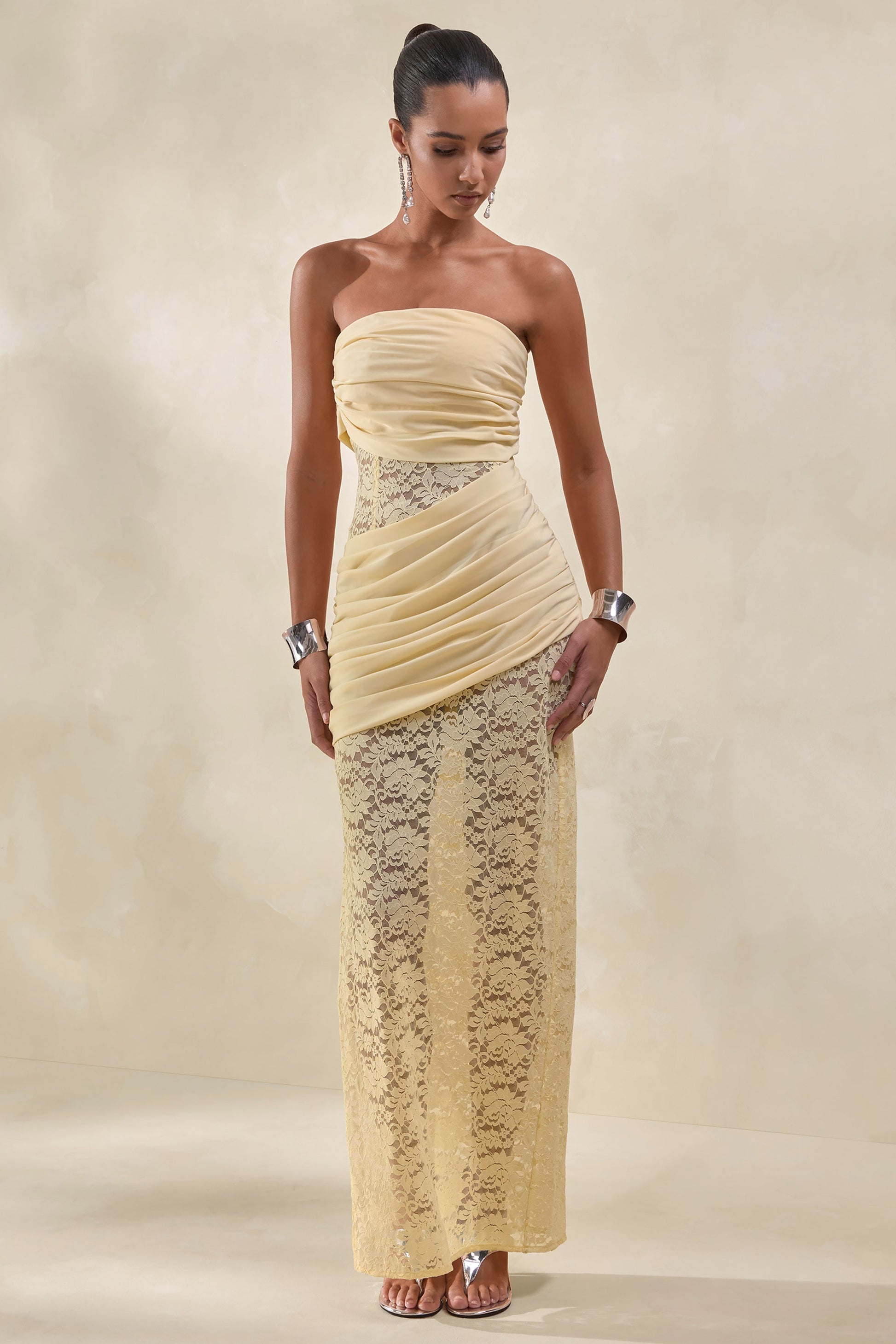 Lalita | Lemon Lace And Satin Bandeau Maxi Dress With Wrap-Details