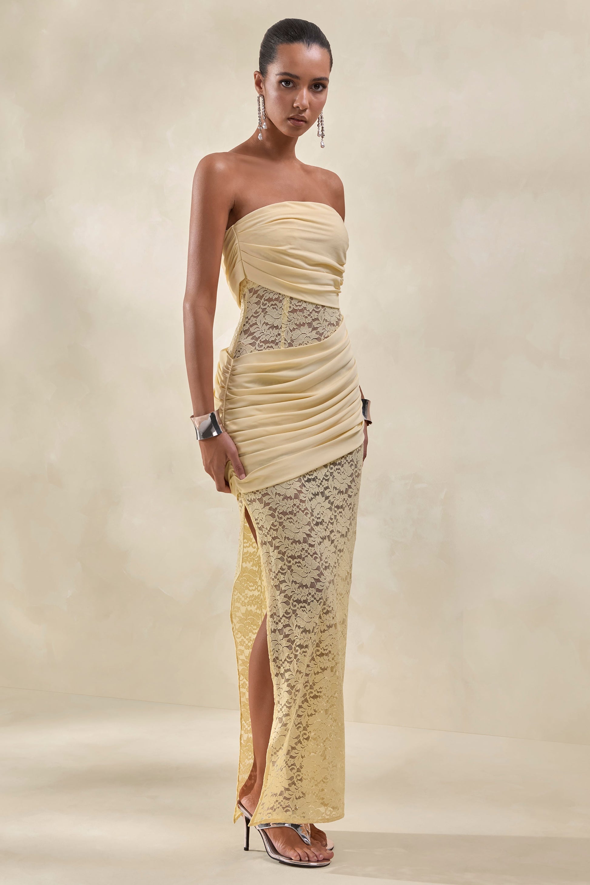 Lalita | Lemon Lace And Satin Bandeau Maxi Dress With Wrap-Details