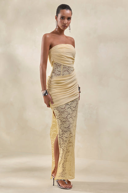 Lalita | Lemon Lace And Satin Bandeau Maxi Dress With Wrap-Details