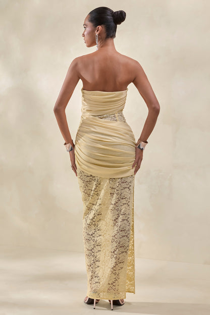 Lalita | Lemon Lace And Satin Bandeau Maxi Dress With Wrap-Details