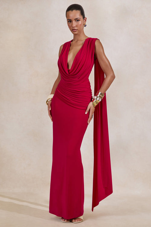 Aralyn | Red Plunge Cowl-Neck Maxi Dress With Sash Detail
