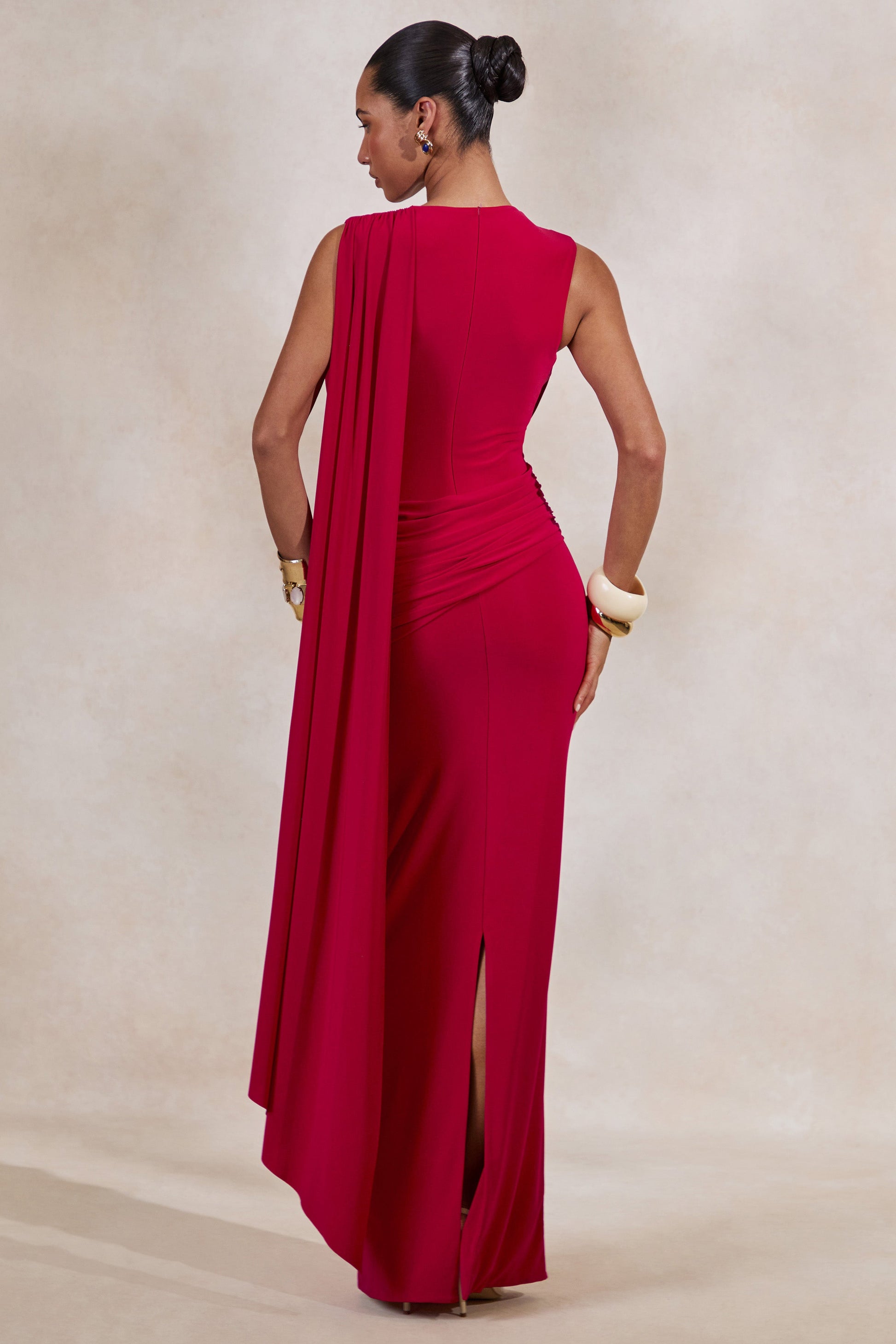 Aralyn | Red Plunge Cowl-Neck Maxi Dress With Sash Detail