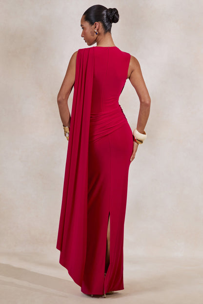 Aralyn | Red Plunge Cowl-Neck Maxi Dress With Sash Detail