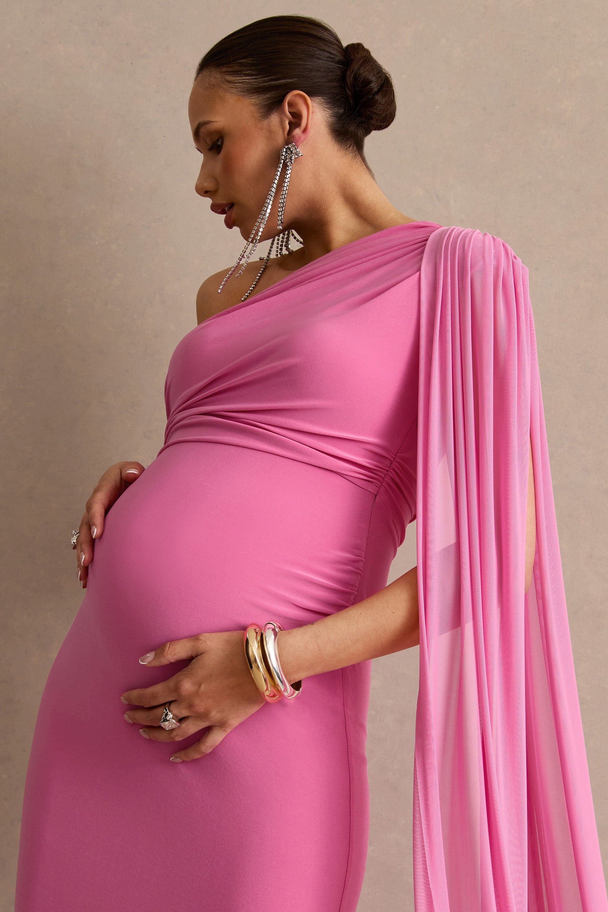 Aylena | Pink Asymmetric-Neck Maternity Maxi Dress With Sash Detail