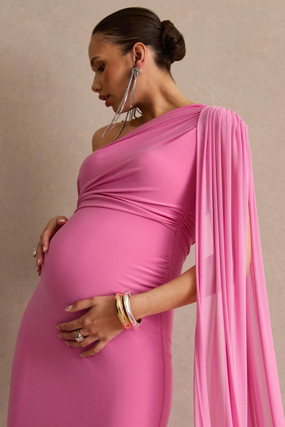 Aylena | Pink Asymmetric-Neck Maternity Maxi Dress With Sash Detail