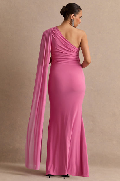 Aylena | Pink Asymmetric-Neck Maternity Maxi Dress With Sash Detail
