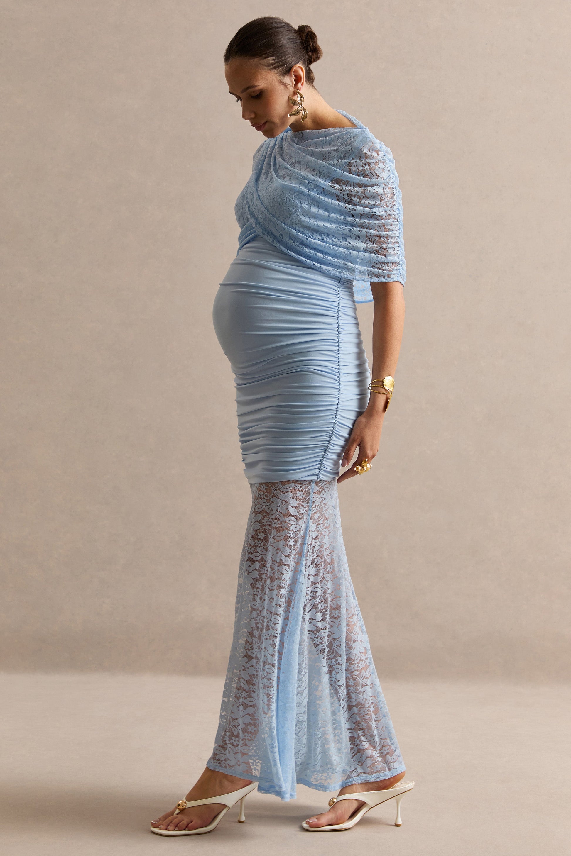 Bronta | Light Blue Lace High-Neck Maternity Maxi Dress With Short Cape And Sheer Skirt