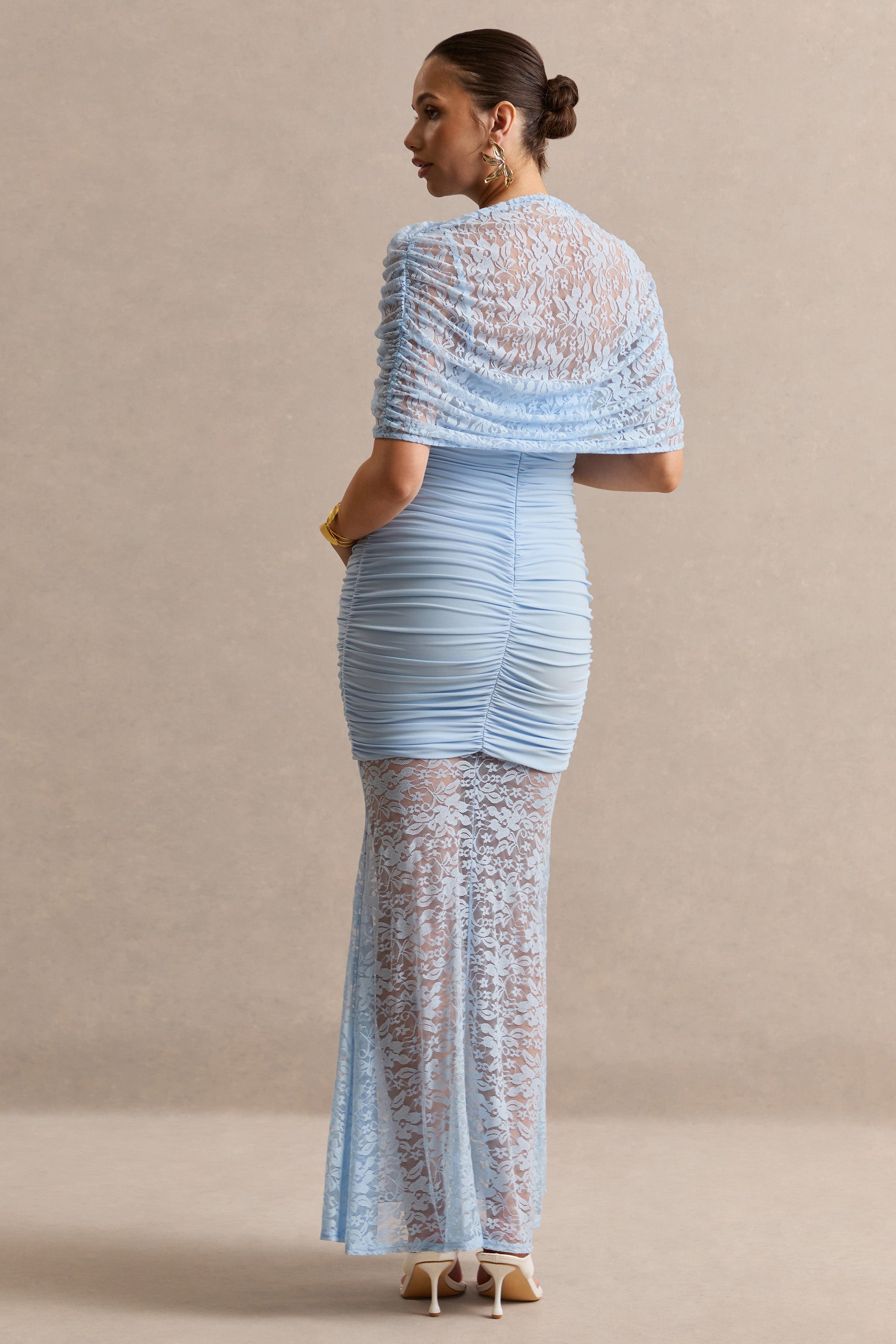 Bronta | Light Blue Lace High-Neck Maternity Maxi Dress With Short Cape And Sheer Skirt