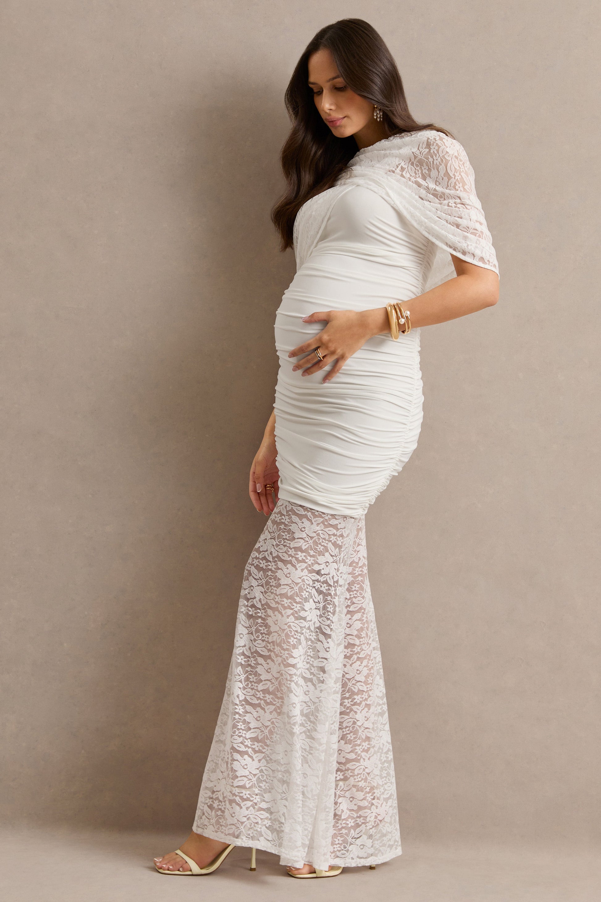 Bronta | White Lace High-Neck Maternity Maxi Dress With Short Cape And Sheer Skirt