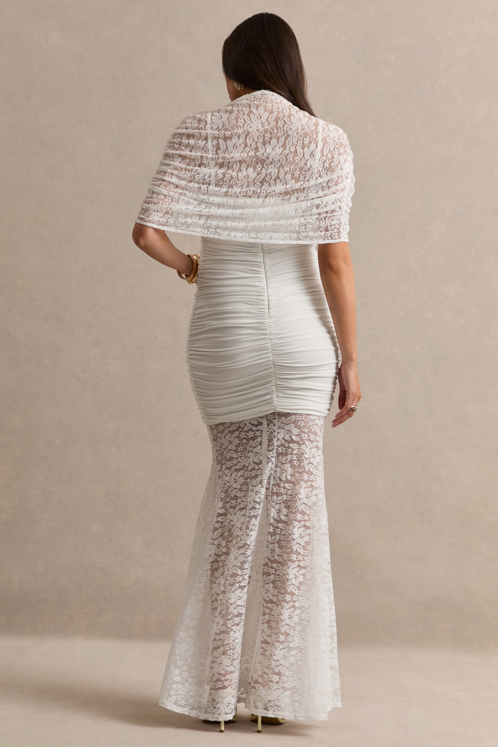 Bronta | White Lace High-Neck Maternity Maxi Dress With Short Cape And Sheer Skirt