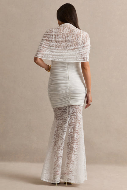 Bronta | White Lace High-Neck Maternity Maxi Dress With Short Cape And Sheer Skirt