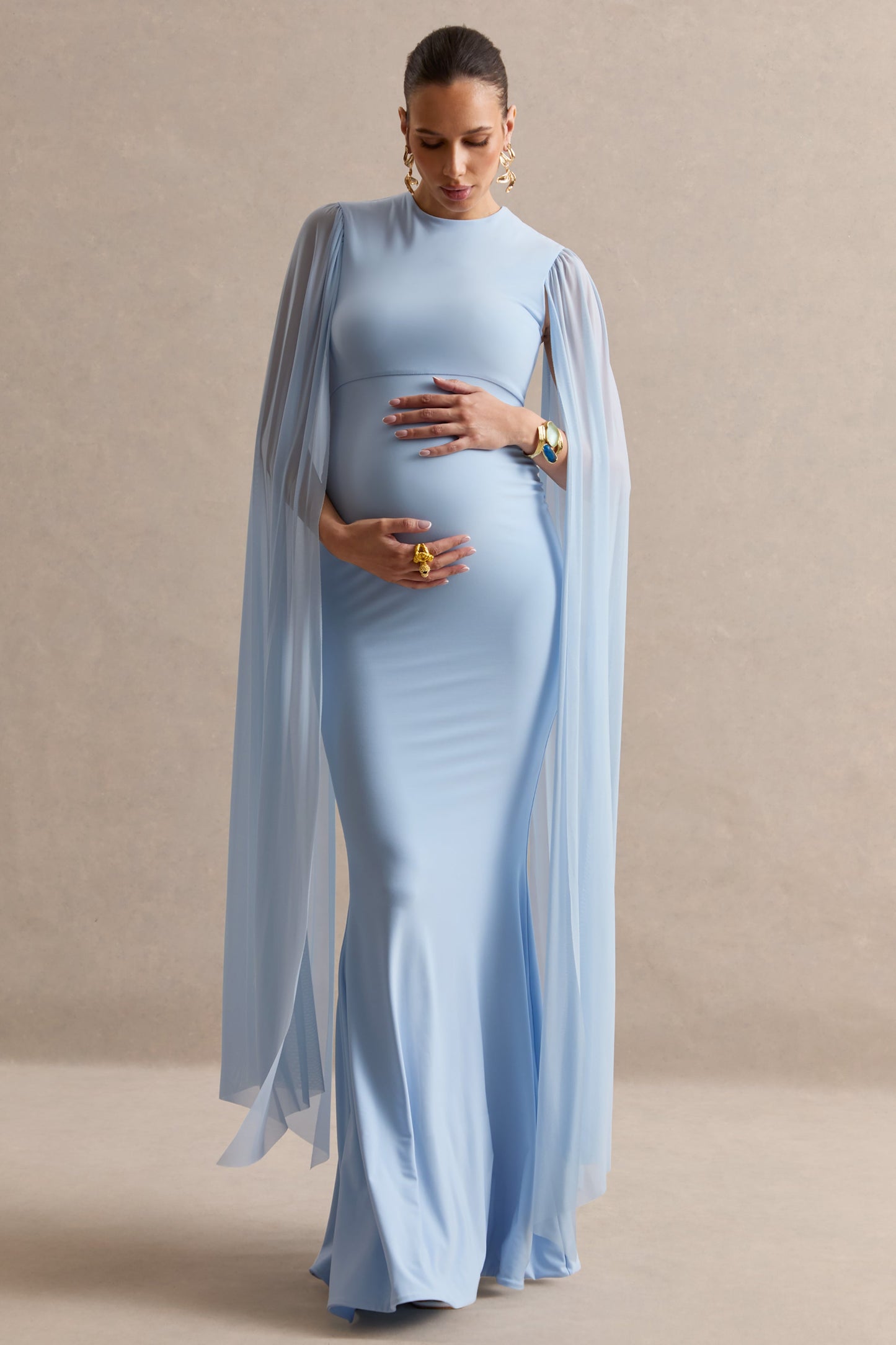 Calitheia | Light Blue Round-Neck Maternity Maxi Dress With Long Floaty Mesh Sleeves