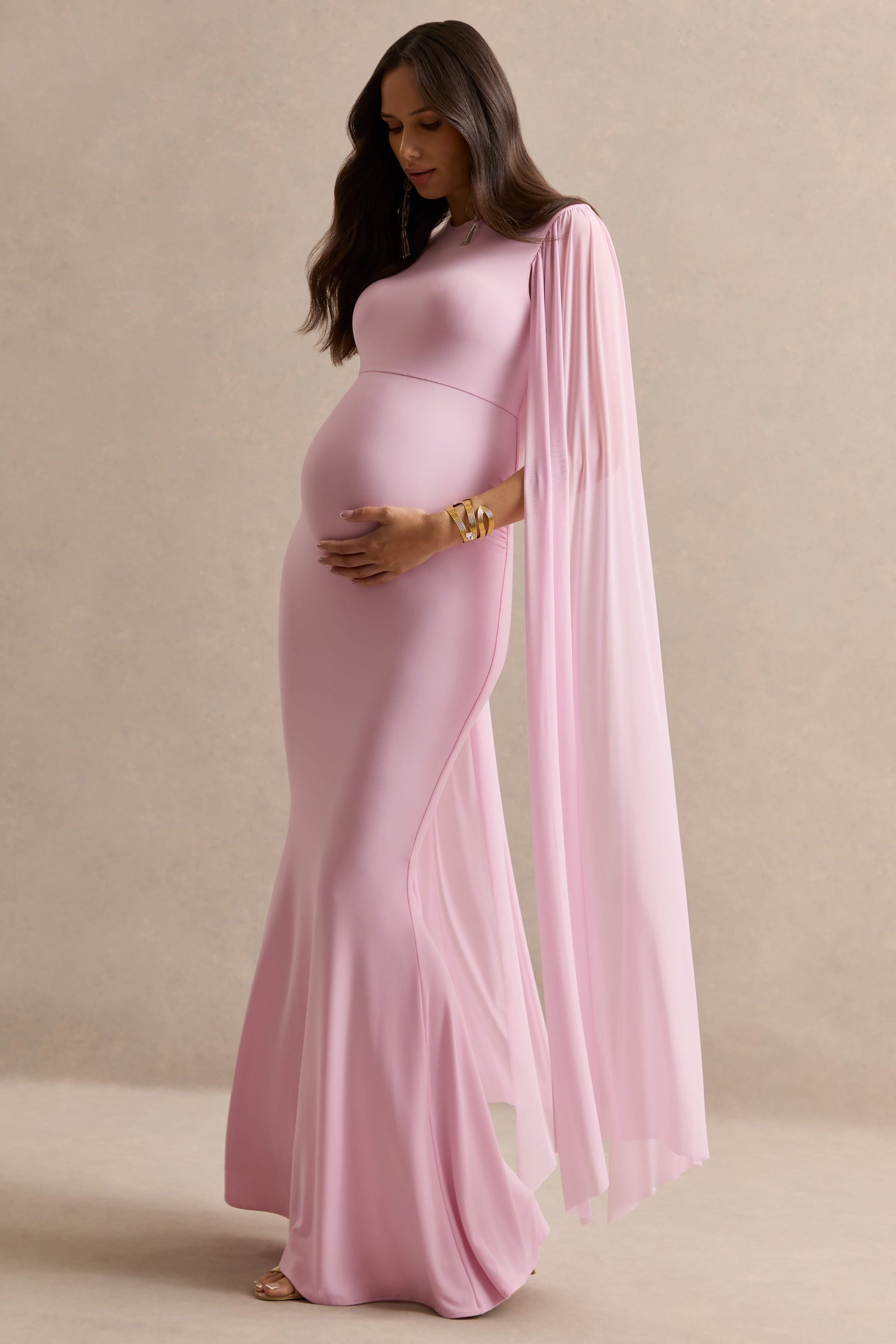 Calitheia | Light Pink Round-Neck Maternity Maxi Dress With Long Floaty Mesh Sleeves