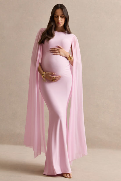 Calitheia | Light Pink Round-Neck Maternity Maxi Dress With Long Floaty Mesh Sleeves