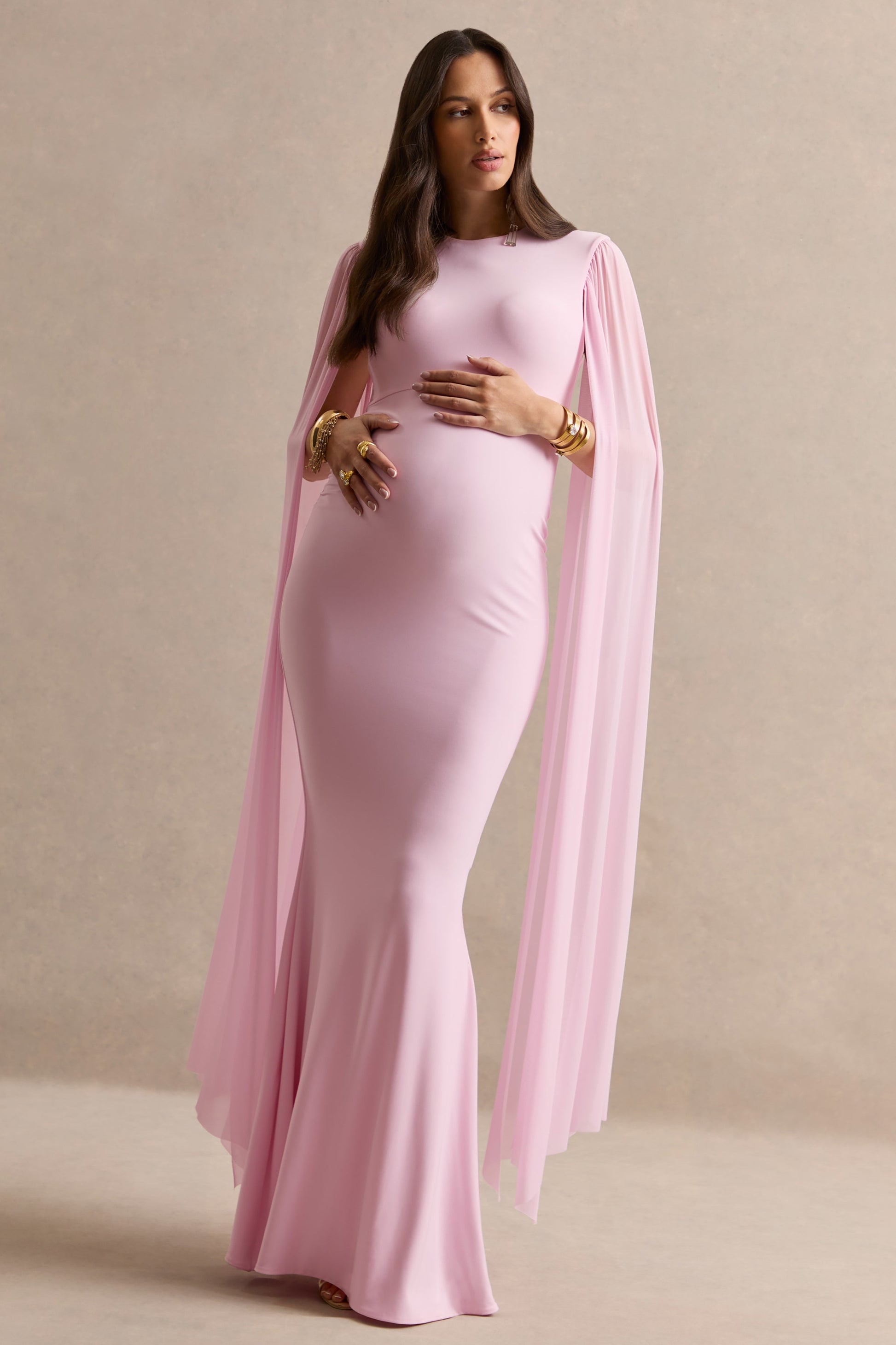 Calitheia | Light Pink Round-Neck Maternity Maxi Dress With Long Floaty Mesh Sleeves