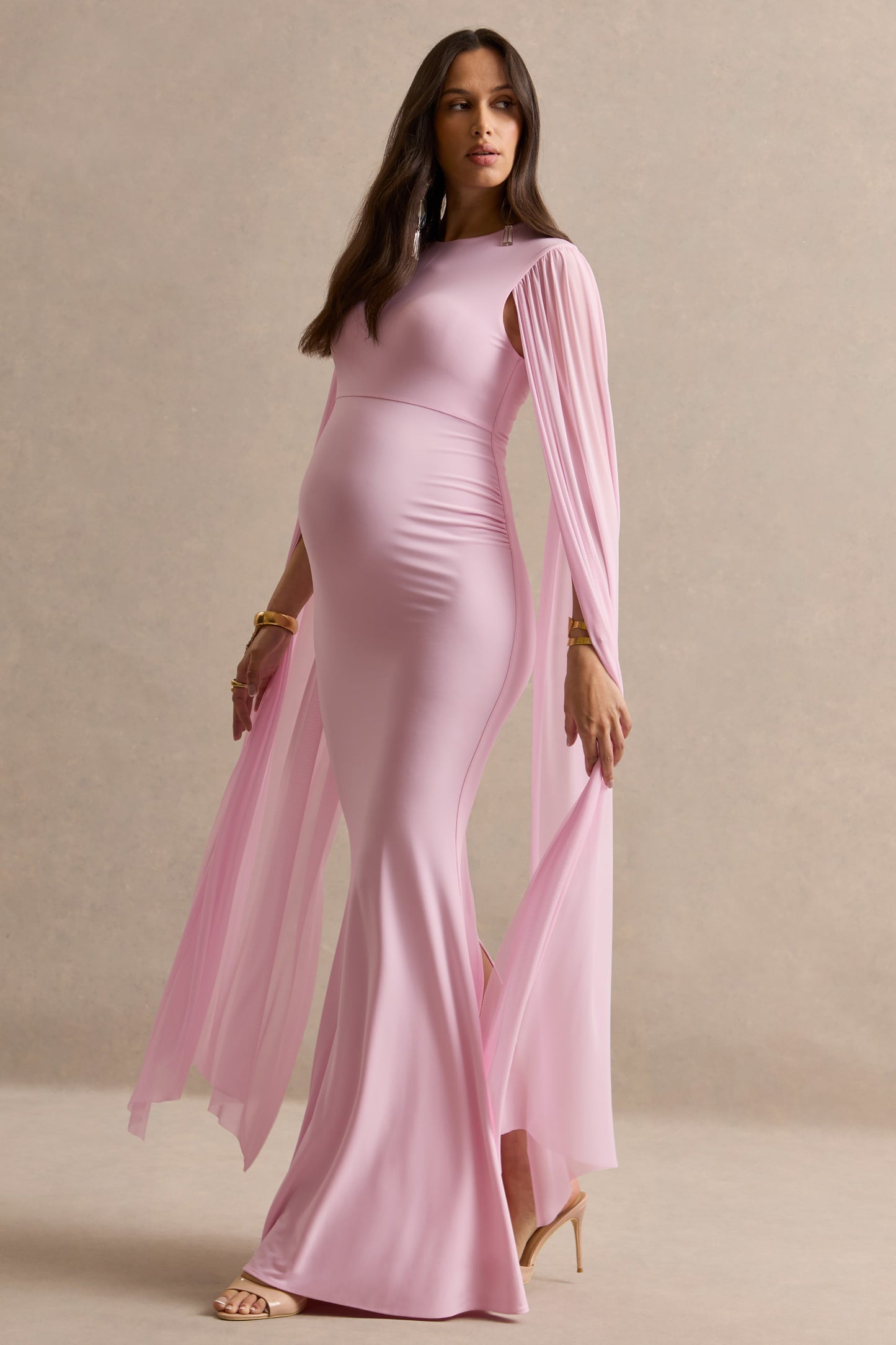Calitheia | Light Pink Round-Neck Maternity Maxi Dress With Long Floaty Mesh Sleeves