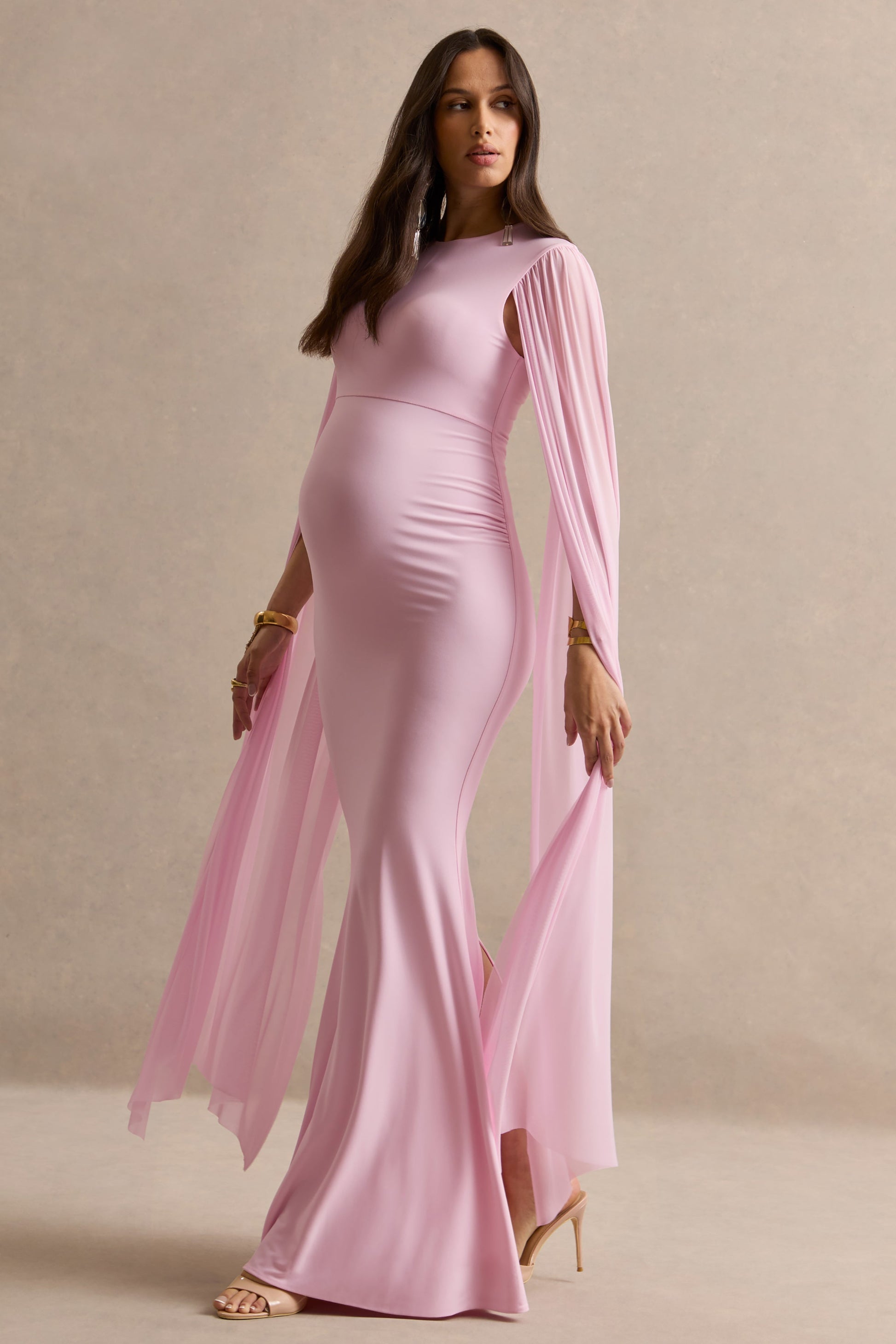 Calitheia | Light Pink Round-Neck Maternity Maxi Dress With Long Floaty Mesh Sleeves