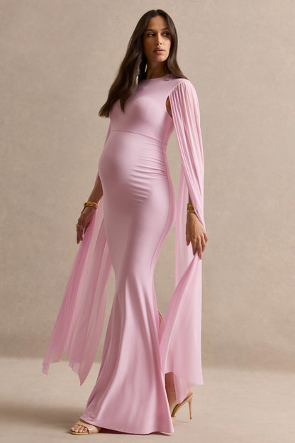 Calitheia | Light Pink Round-Neck Maternity Maxi Dress With Long Floaty Mesh Sleeves