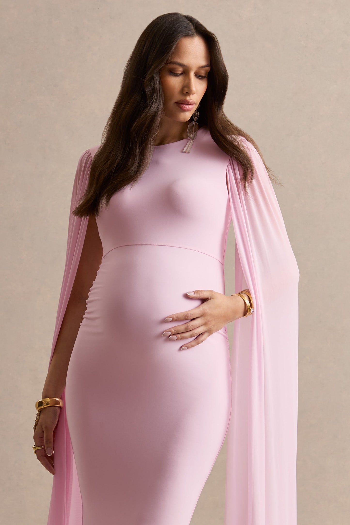Calitheia | Light Pink Round-Neck Maternity Maxi Dress With Long Floaty Mesh Sleeves