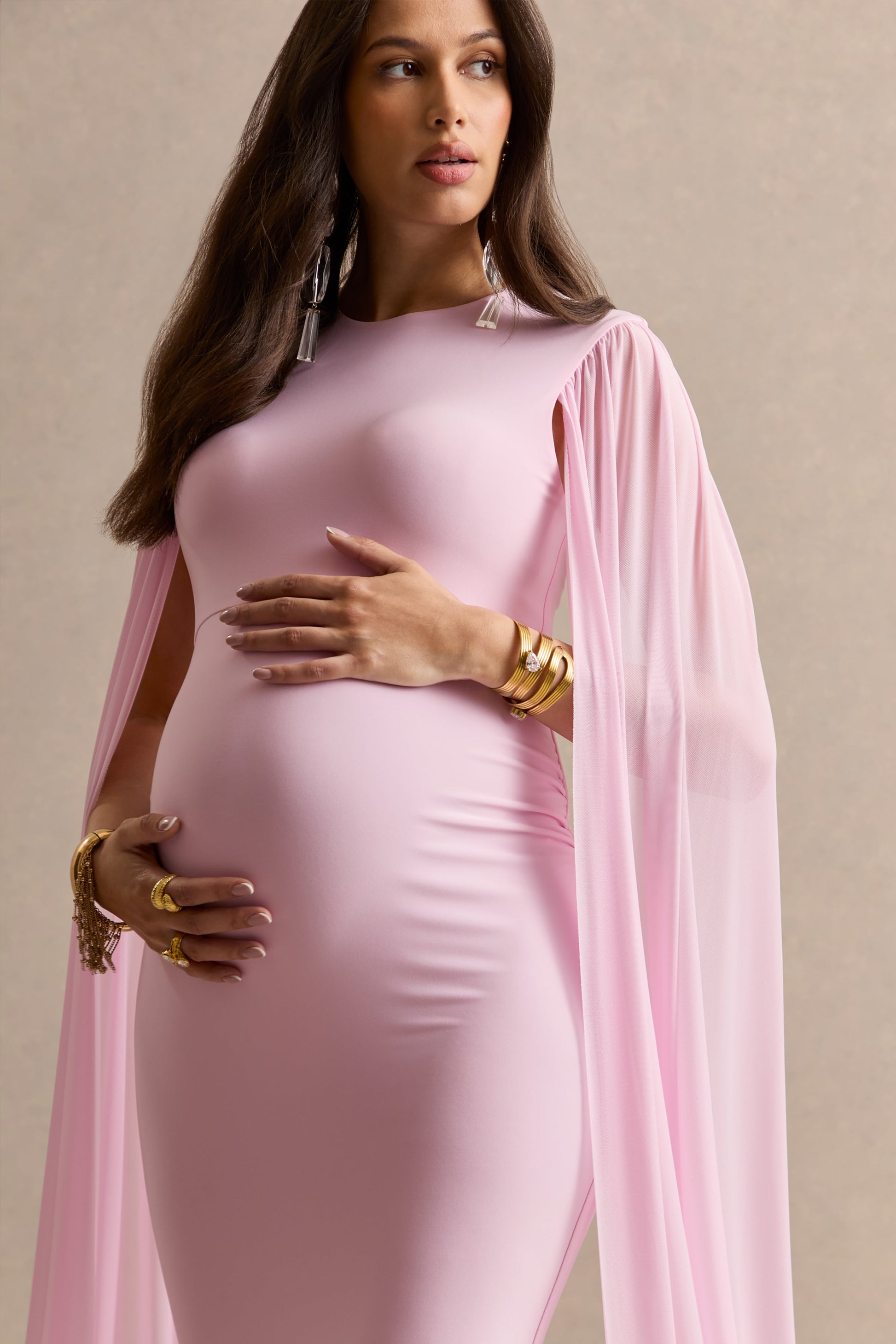 Calitheia | Light Pink Round-Neck Maternity Maxi Dress With Long Floaty Mesh Sleeves