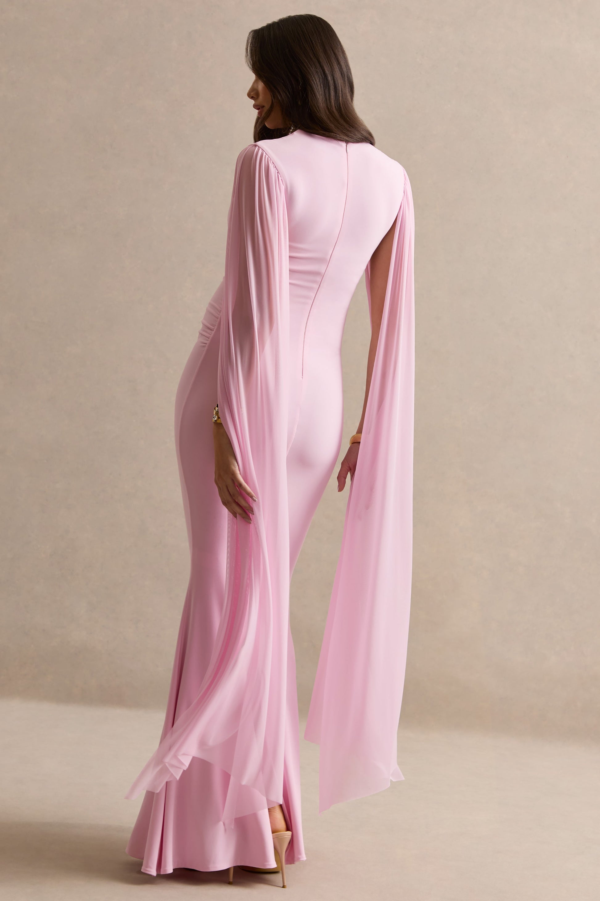 Calitheia | Light Pink Round-Neck Maternity Maxi Dress With Long Floaty Mesh Sleeves